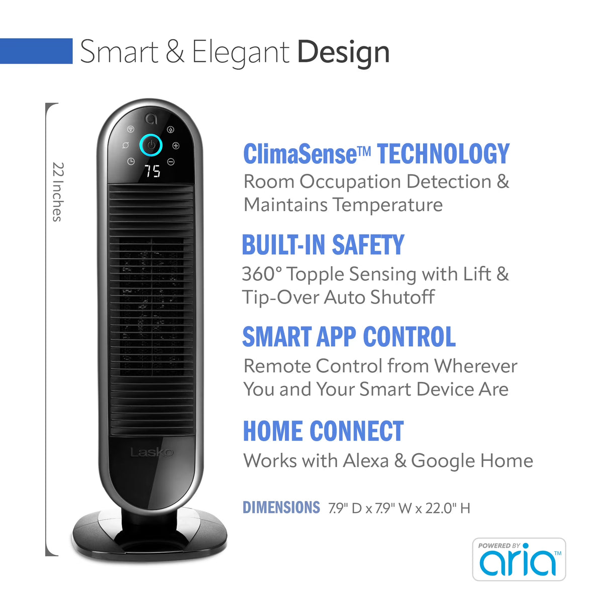 22" Smart Tower Heater Powered by Aria, Wifi, Works with Alexa, Google, Black, AR122